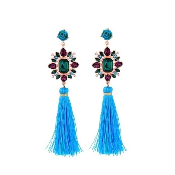 Flower Crystal Blue Tassel Fringe Vintage Gold Dangle Statement Earrings - Picture 1 of 9
